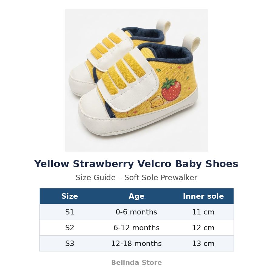 Yellow Strawberry Velcro Baby Shoes size guide – soft sole baby shoes – Belinda Store